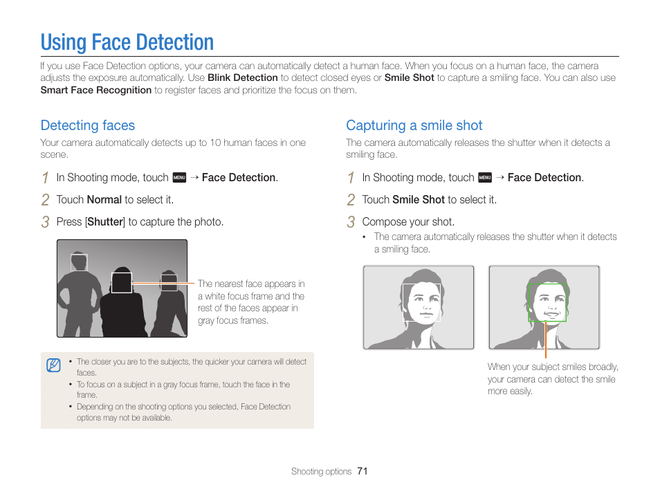 Using face detection, Detecting faces, Capturing a smile shot | Detecting faces …………………………… 71, Capturing a smile shot …………………… 71 | Samsung EC-MV900FBPWUS User Manual | Page 72 / 173