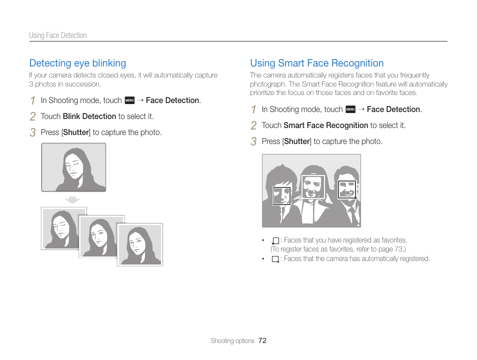 Detecting eye blinking, Using smart face recognition, Detecting eye blinking …………………… 72 | Using smart face recognition …………… 72 | Samsung EC-MV900FBPWUS User Manual | Page 73 / 173