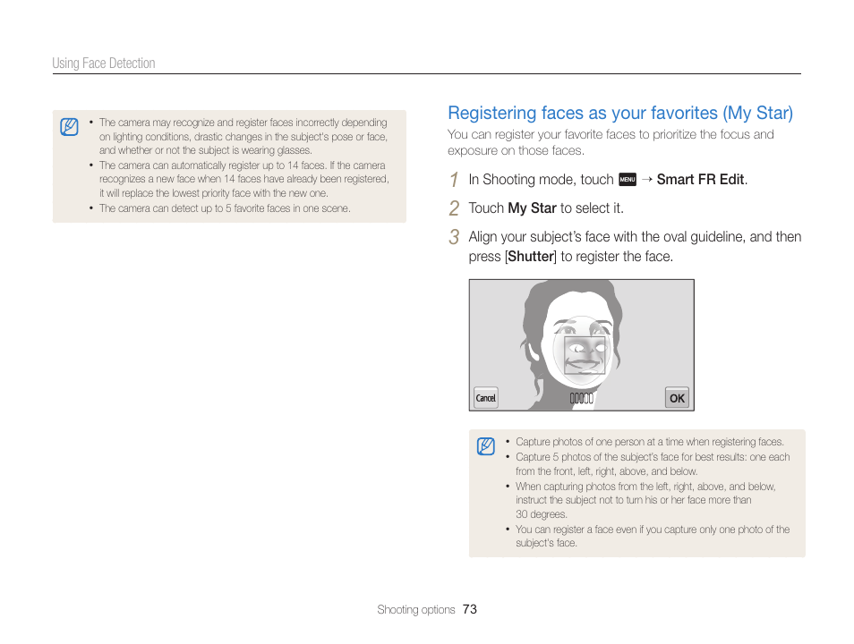 Registering faces as your favorites (my star), Registering faces as your favorites, My star) ………………………………… 73 | Samsung EC-MV900FBPWUS User Manual | Page 74 / 173