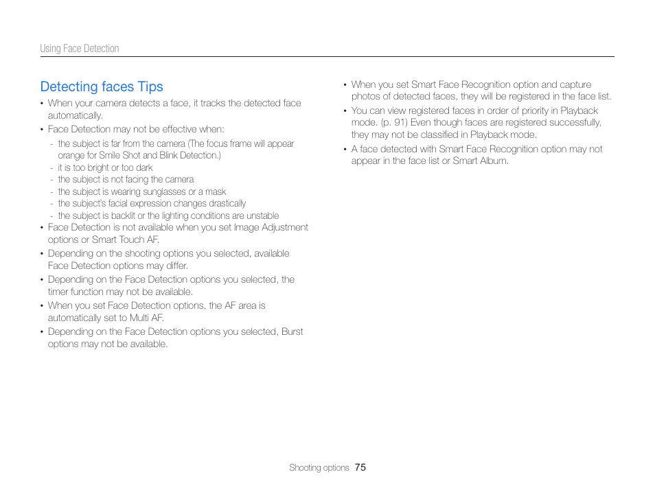 Detecting faces tips, Detecting faces tips ……………………… 75 | Samsung EC-MV900FBPWUS User Manual | Page 76 / 173