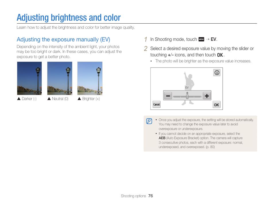 Adjusting brightness and color, Adjusting the exposure manually (ev), Adjust the exposure. (p. 76) | Adjusting the exposure manually (ev) …… 76 | Samsung EC-MV900FBPWUS User Manual | Page 77 / 173