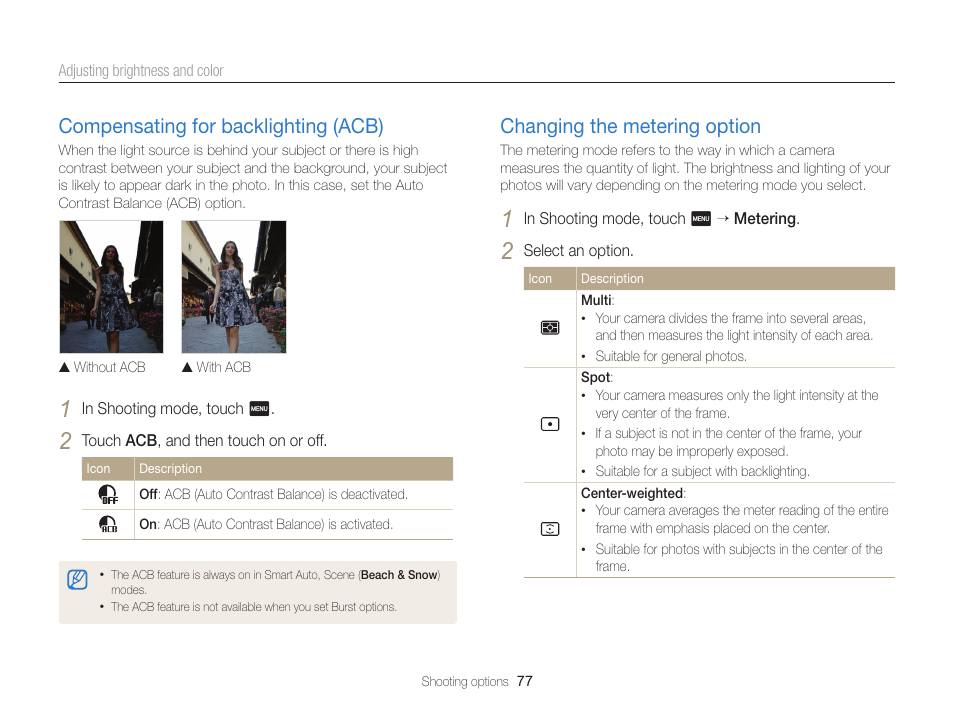 Compensating for backlighting (acb), Changing the metering option, Option. (p. 77) | Compensating for backlighting (acb) …… 77, Changing the metering option …………… 77 | Samsung EC-MV900FBPWUS User Manual | Page 78 / 173