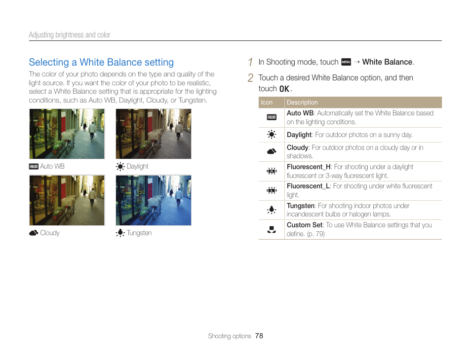 Selecting a white balance setting, Selecting a white balance setting ………… 78 | Samsung EC-MV900FBPWUS User Manual | Page 79 / 173