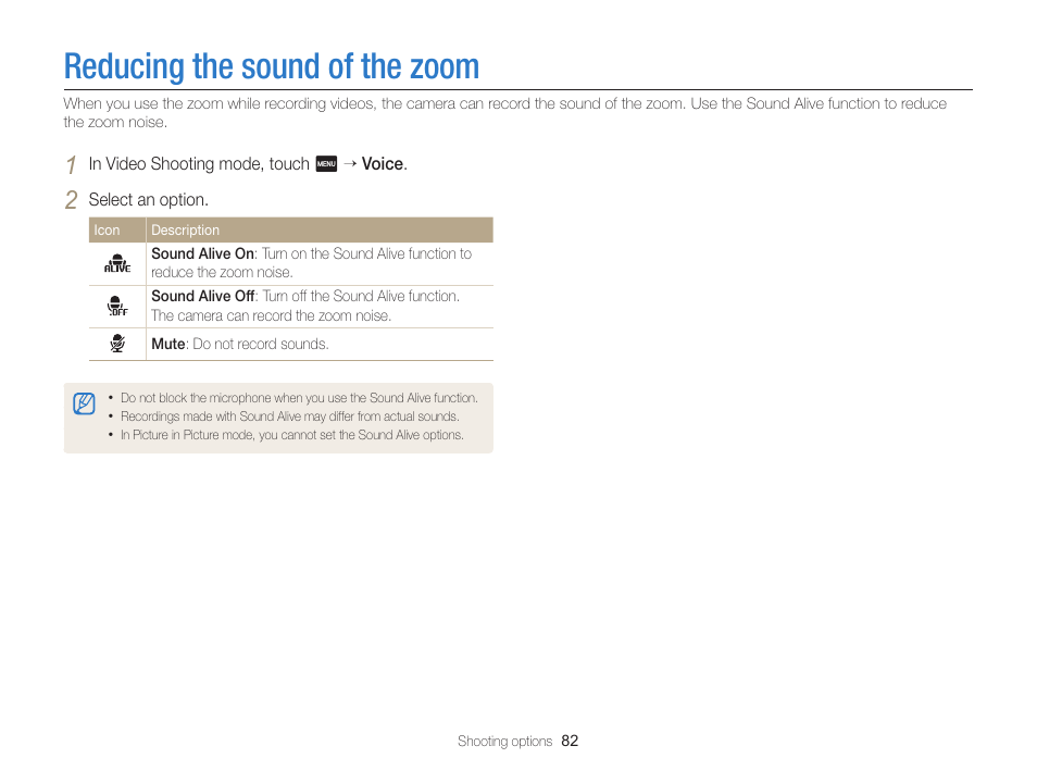 Reducing the sound of the zoom | Samsung EC-MV900FBPWUS User Manual | Page 83 / 173