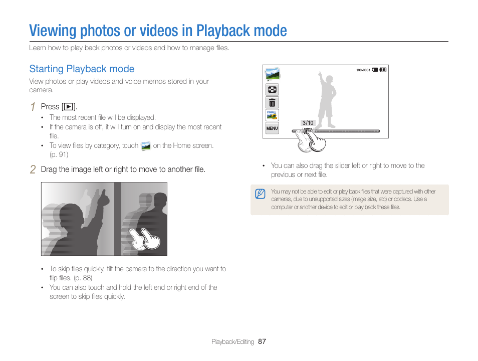 Viewing photos or videos in playback mode, Starting playback mode, Viewing photos or videos in | Playback mode, Starting playback mode ………………… 87 | Samsung EC-MV900FBPWUS User Manual | Page 88 / 173