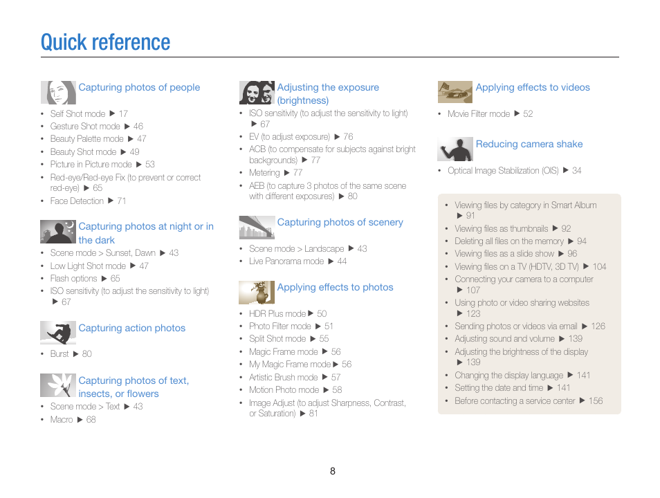 Quick reference | Samsung EC-MV900FBPWUS User Manual | Page 9 / 173