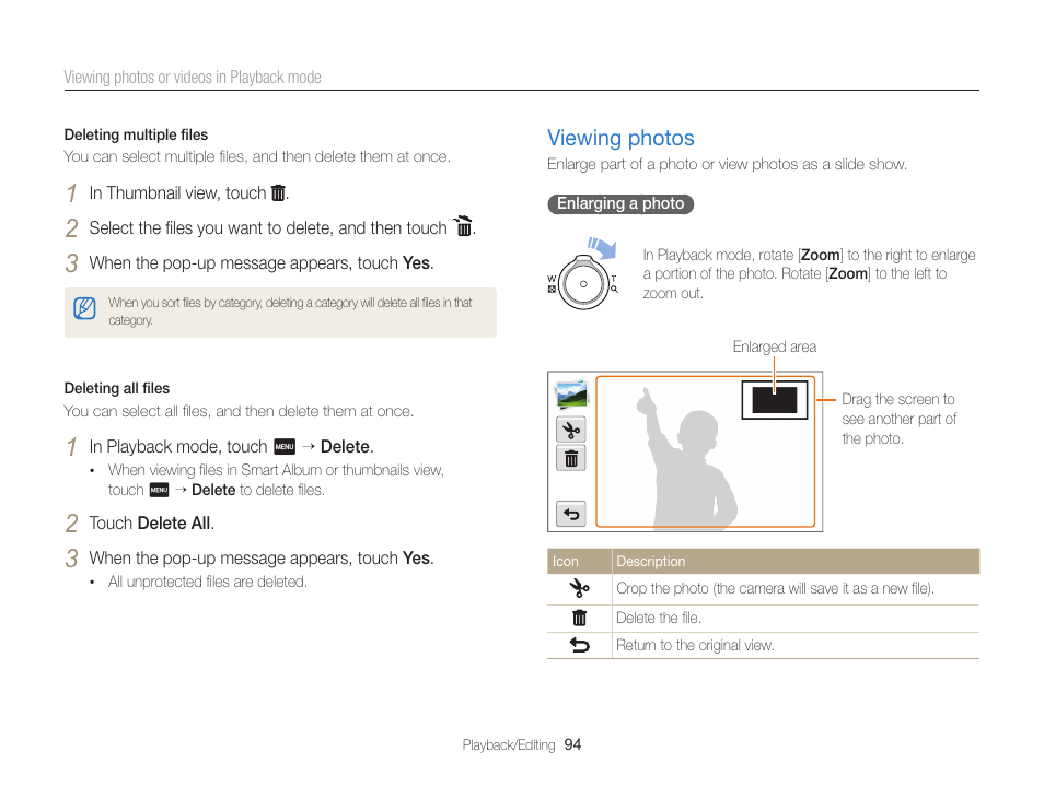 Viewing photos, Viewing photos …………………………… 94 | Samsung EC-MV900FBPWUS User Manual | Page 95 / 173