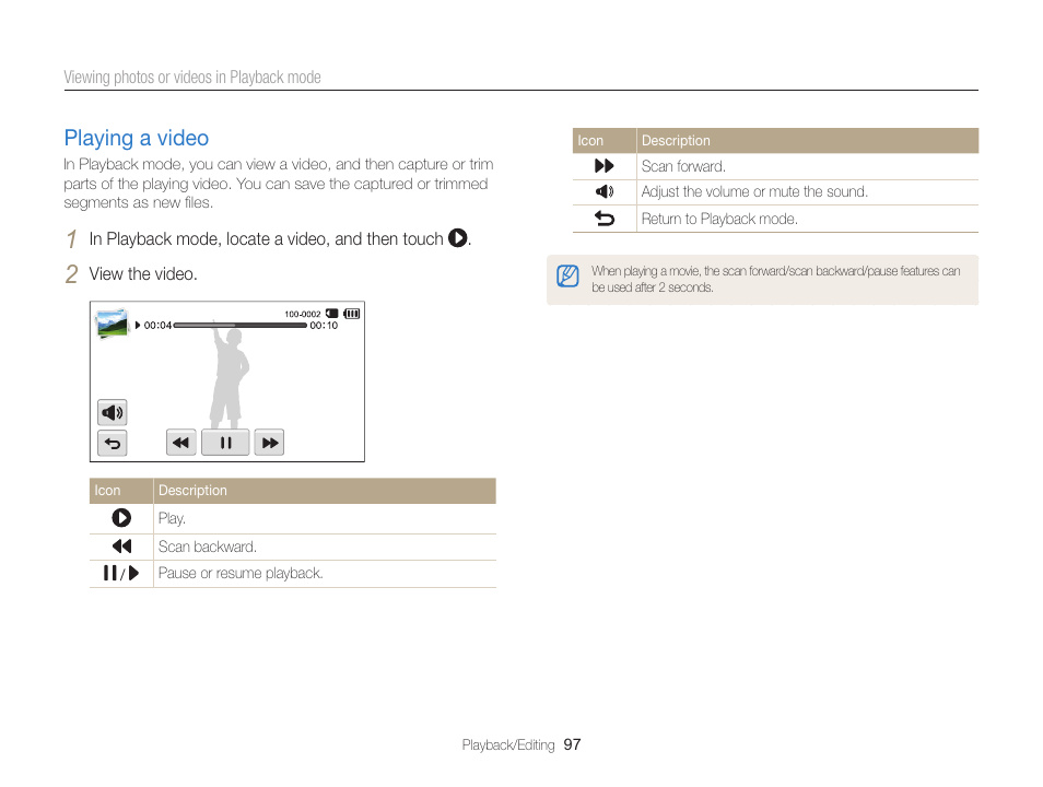 Playing a video, Playing a video …………………………… 97 | Samsung EC-MV900FBPWUS User Manual | Page 98 / 173