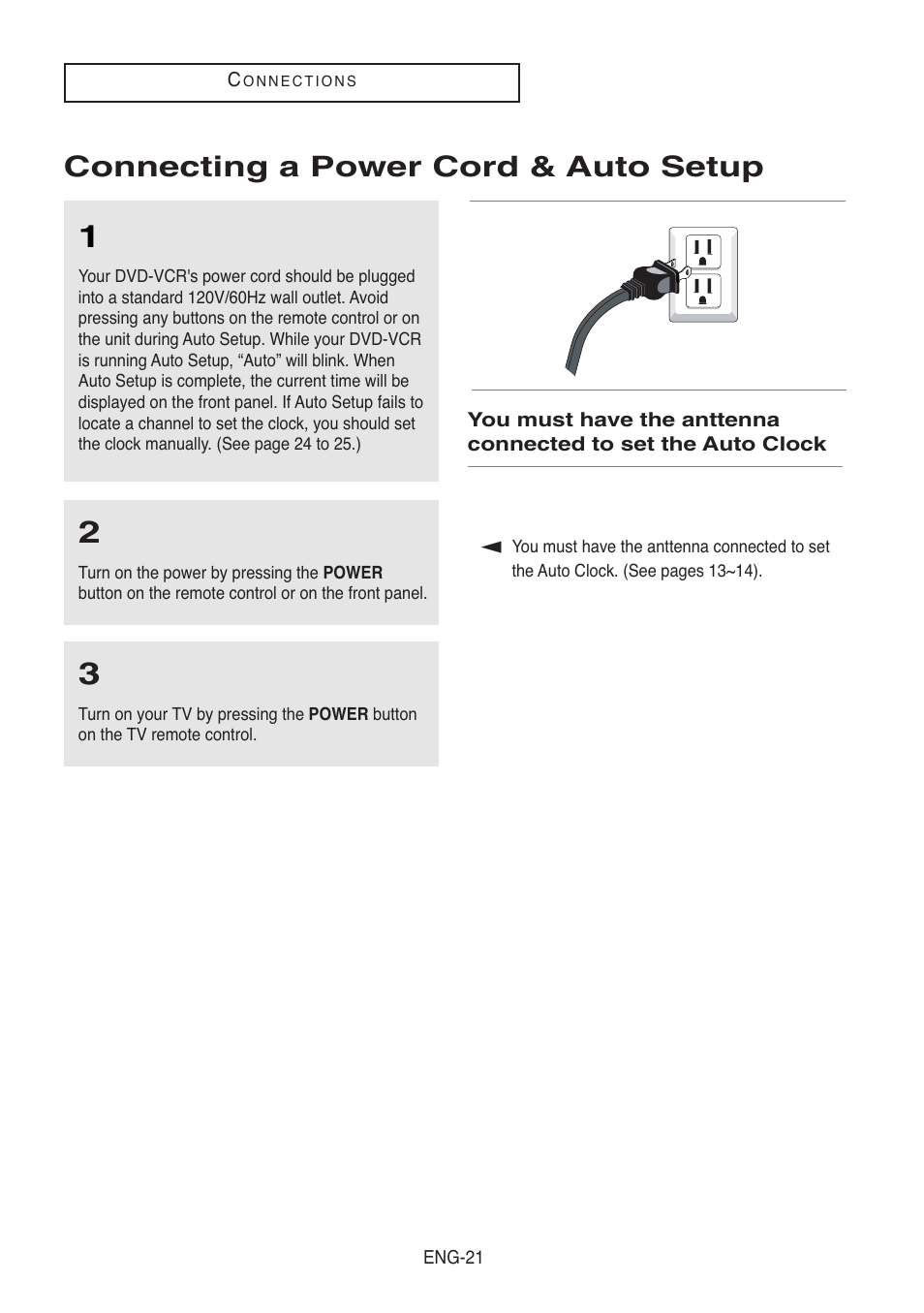 Connecting a power cord & auto setup | Samsung DVD-V5500-XAA User Manual | Page 21 / 86
