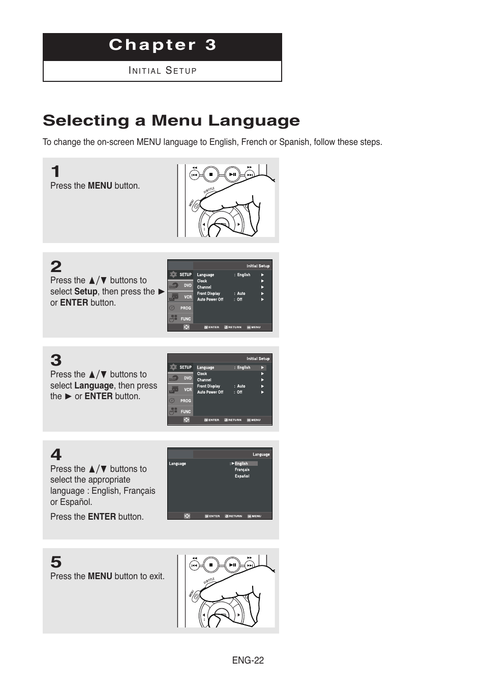 Chapter 3, Selecting a menu language | Samsung DVD-V5500-XAA User Manual | Page 22 / 86