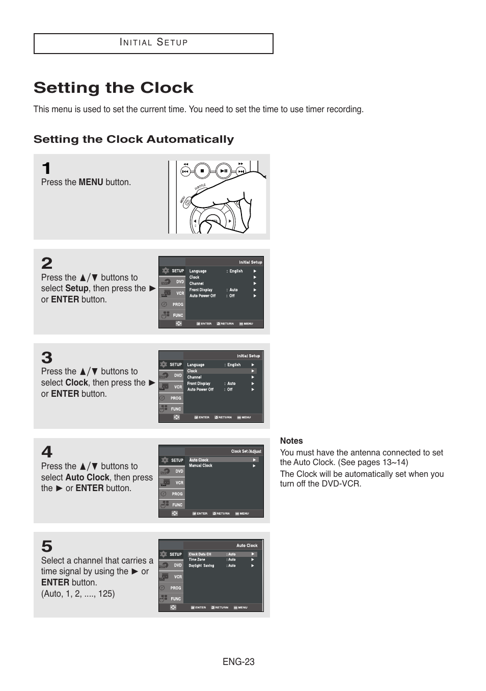 Setting the clock, Setting the clock automatically | Samsung DVD-V5500-XAA User Manual | Page 23 / 86