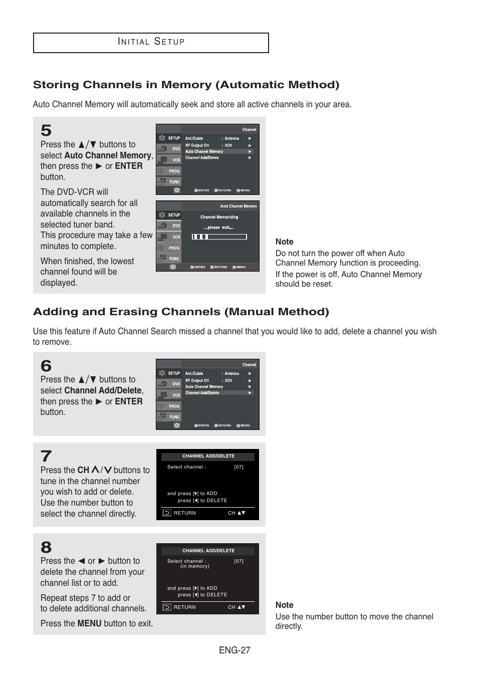 Storing channels in memory (automatic method), Adding and erasing channels (manual method) | Samsung DVD-V5500-XAA User Manual | Page 27 / 86