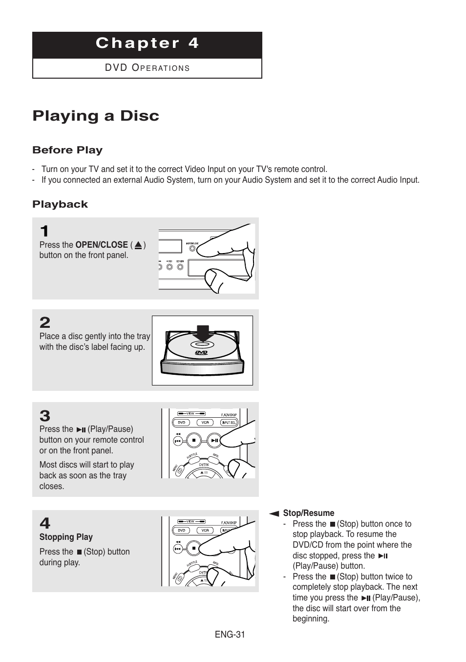 Chapter 4, Playing a disc, Before play | Playback | Samsung DVD-V5500-XAA User Manual | Page 31 / 86