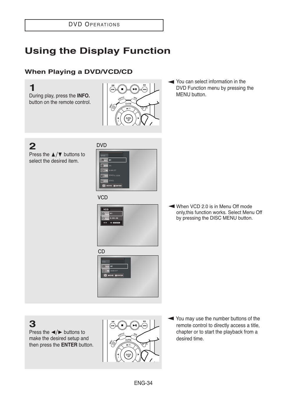 Using the display function, When playing a dvd/vcd/cd | Samsung DVD-V5500-XAA User Manual | Page 34 / 86