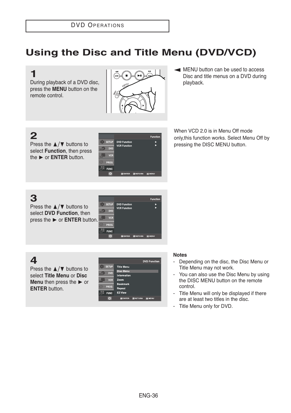 Using the disc and title menu (dvd/vcd) | Samsung DVD-V5500-XAA User Manual | Page 36 / 86