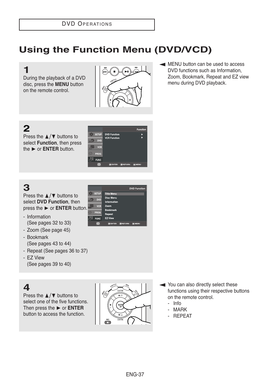 Using the function menu (dvd/vcd) | Samsung DVD-V5500-XAA User Manual | Page 37 / 86