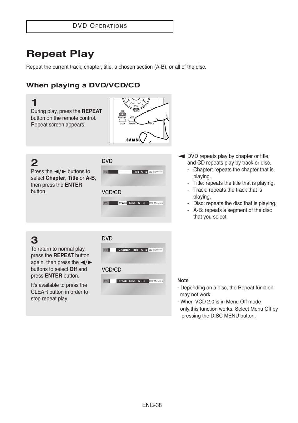 Repeat play, When playing a dvd/vcd/cd, D v d o | Eng-38 | Samsung DVD-V5500-XAA User Manual | Page 38 / 86