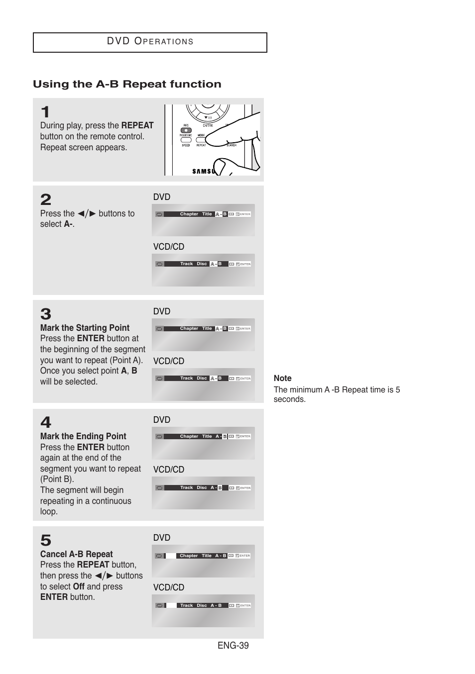Using the a-b repeat function off, D v d o, Using the a-b repeat function | Eng-39, Press the ➛❿ buttons to select a, Vcd/cd | Samsung DVD-V5500-XAA User Manual | Page 39 / 86