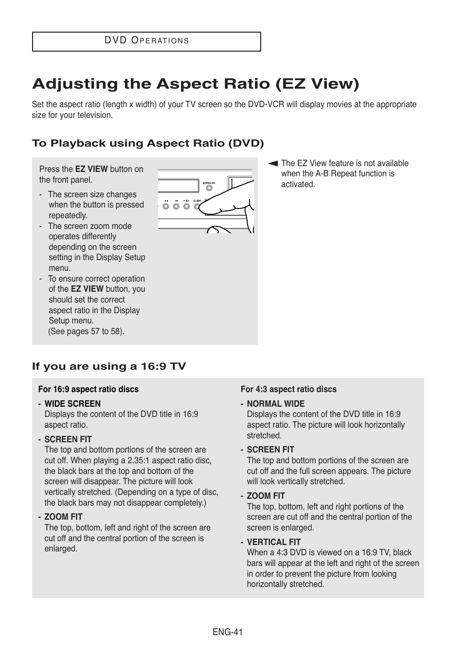 Adjusting the aspect ratio (ez view), To playback using aspect ratio (dvd), If you are using a 16:9 tv | Samsung DVD-V5500-XAA User Manual | Page 41 / 86