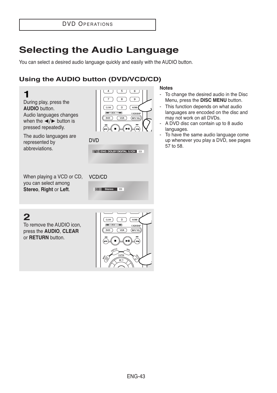 Selecting the audio language, Using the audio button (dvd/vcd/cd) | Samsung DVD-V5500-XAA User Manual | Page 43 / 86