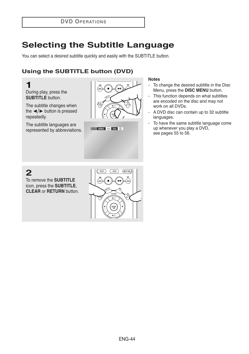 Selecting the subtitle language, Using the subtitle button (dvd) | Samsung DVD-V5500-XAA User Manual | Page 44 / 86