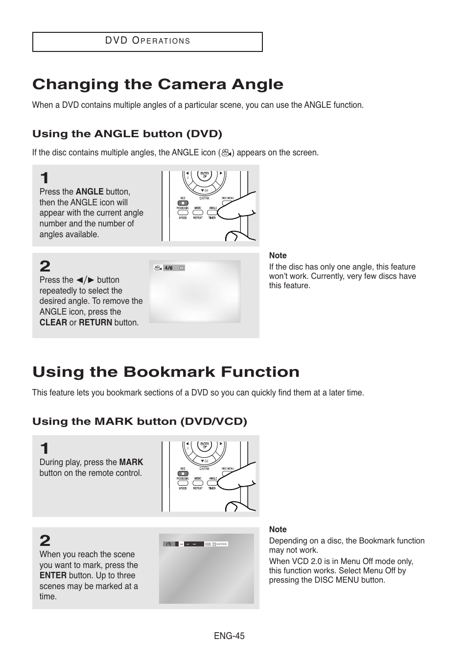 Changing the camera angle, Using the angle button (dvd), Using the bookmark function | Using the mark button (dvd/vcd) | Samsung DVD-V5500-XAA User Manual | Page 45 / 86