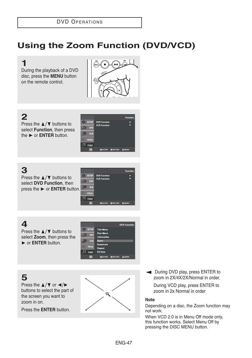 Using the zoom function (dvd/vcd) | Samsung DVD-V5500-XAA User Manual | Page 47 / 86