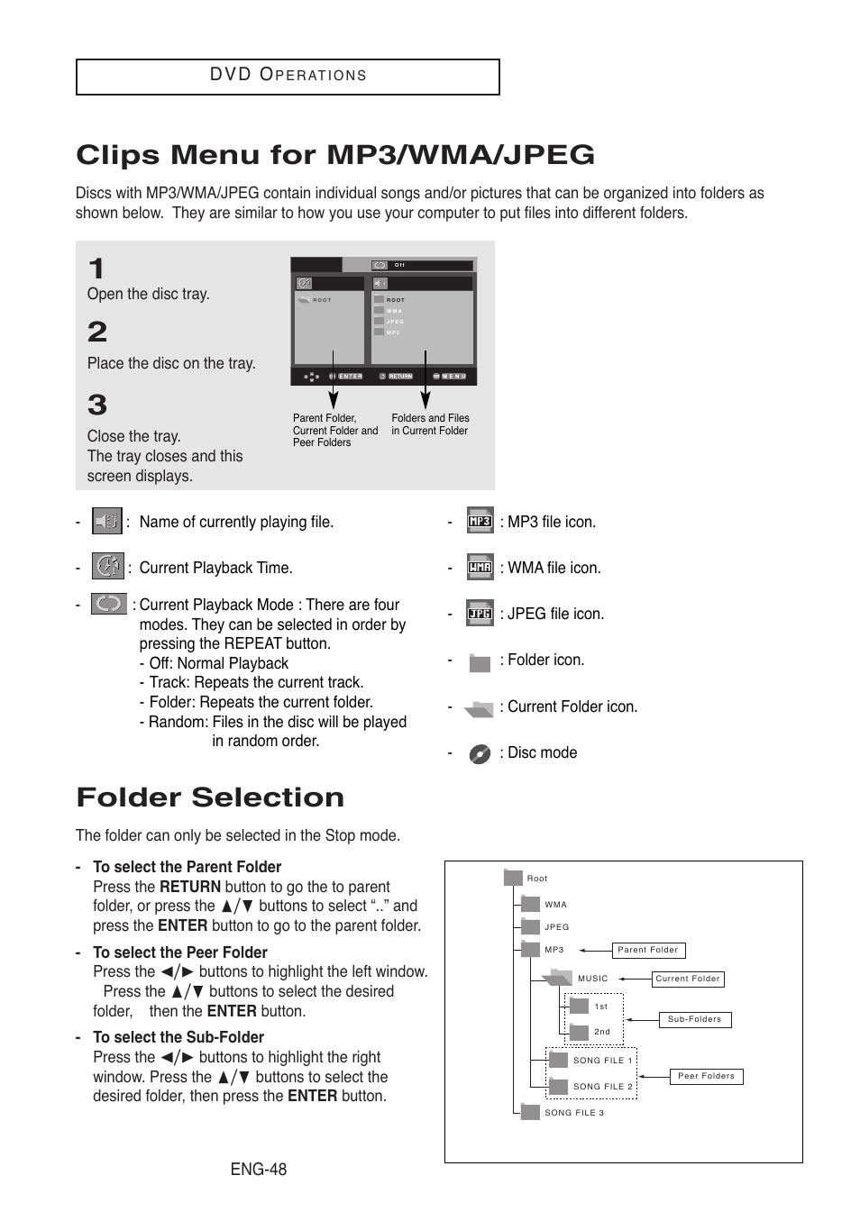 Clips menu for mp3/wma/jpeg, Folder selection, D v d o | Samsung DVD-V5500-XAA User Manual | Page 48 / 86