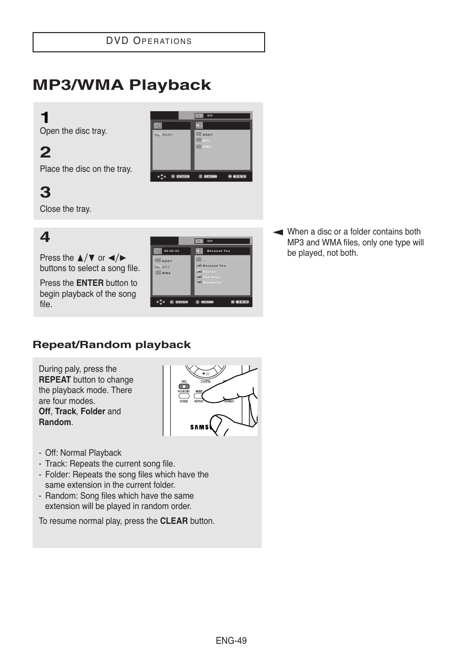 Mp3/wma playback, Repeat/random playback, D v d o | Eng-49, Open the disc tray, Place the disc on the tray, Close the tray | Samsung DVD-V5500-XAA User Manual | Page 49 / 86