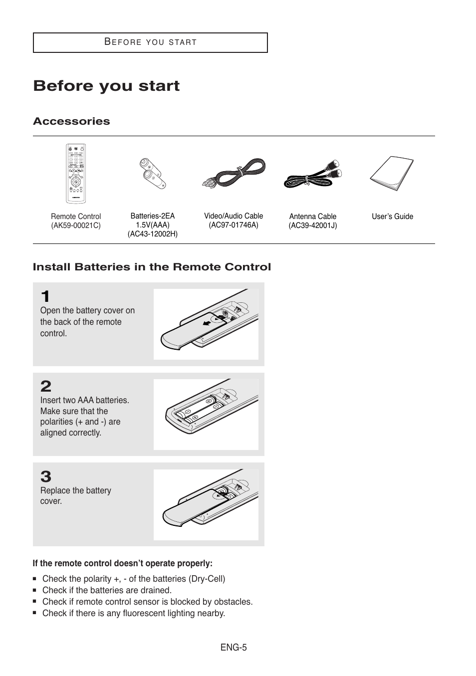 Before you start, Accessories, Install batteries in the remote control | Samsung DVD-V5500-XAA User Manual | Page 5 / 86