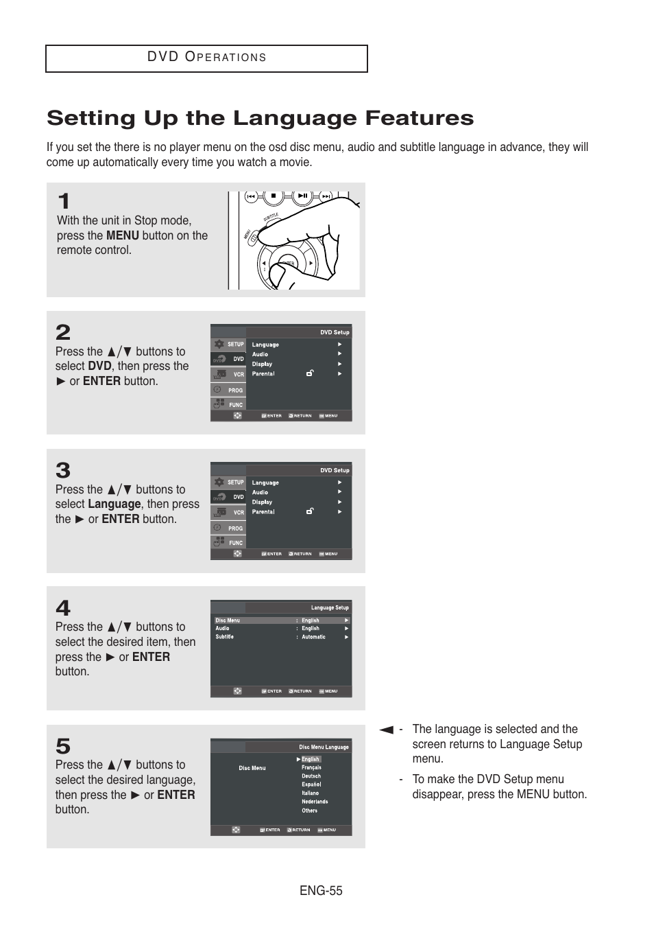 Setting up the language features | Samsung DVD-V5500-XAA User Manual | Page 55 / 86