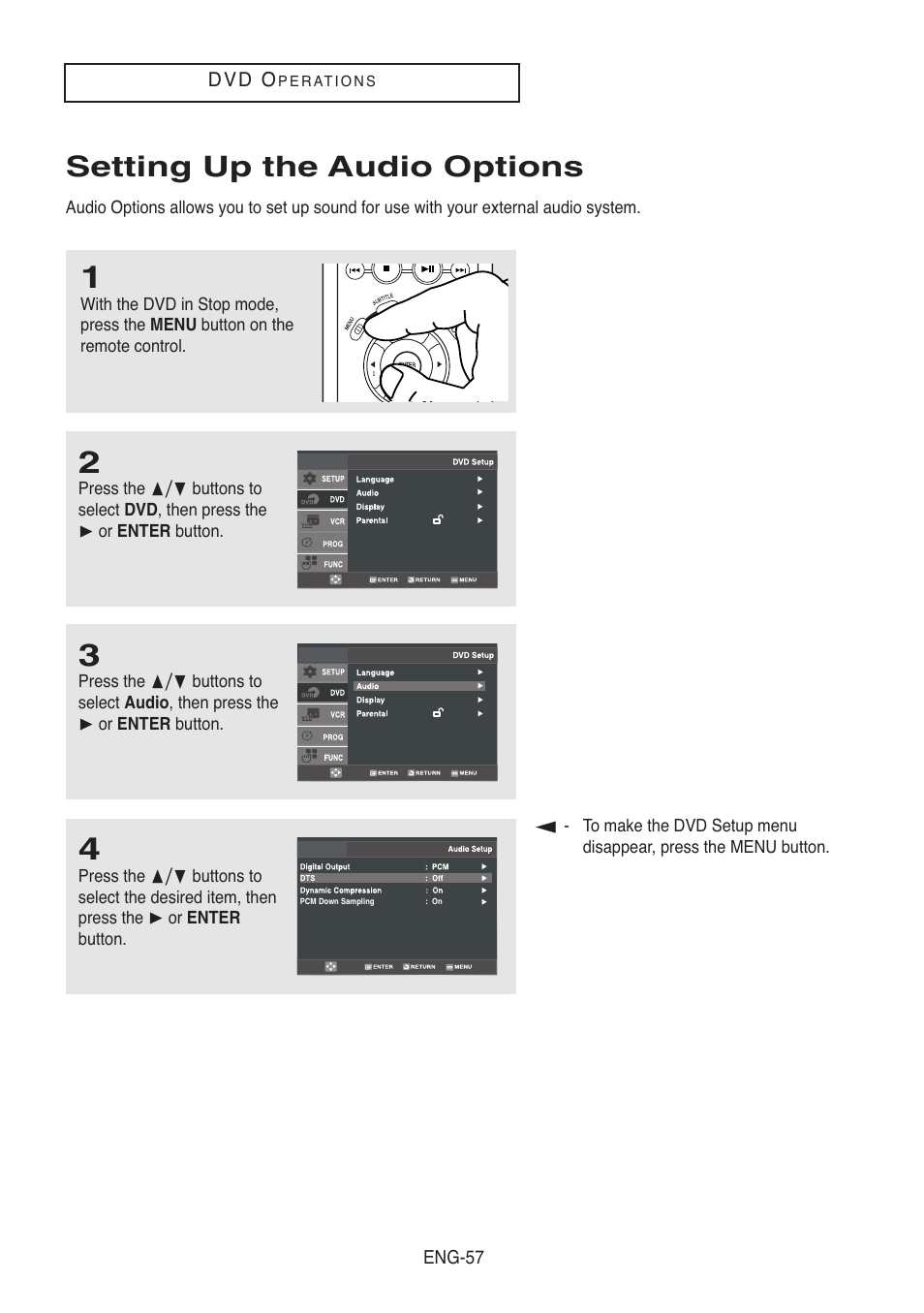 Setting up the audio options | Samsung DVD-V5500-XAA User Manual | Page 57 / 86