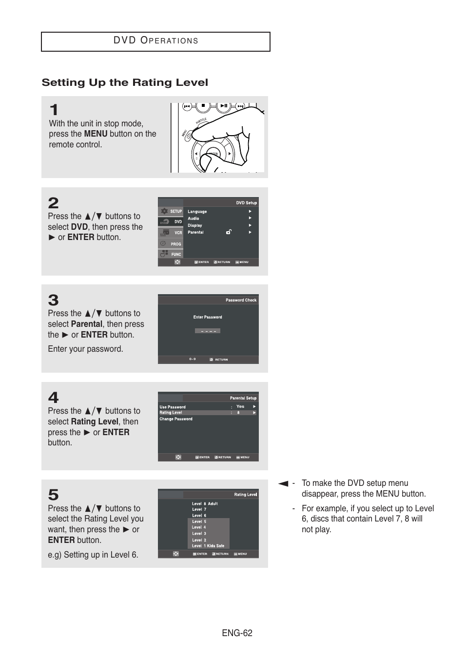 Setting up the rating level | Samsung DVD-V5500-XAA User Manual | Page 62 / 86