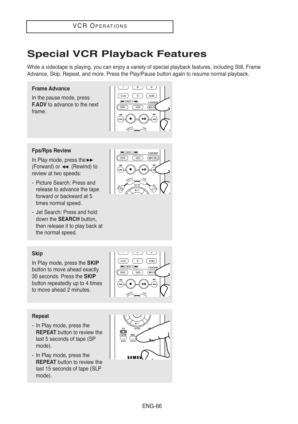 Special vcr playback features | Samsung DVD-V5500-XAA User Manual | Page 66 / 86