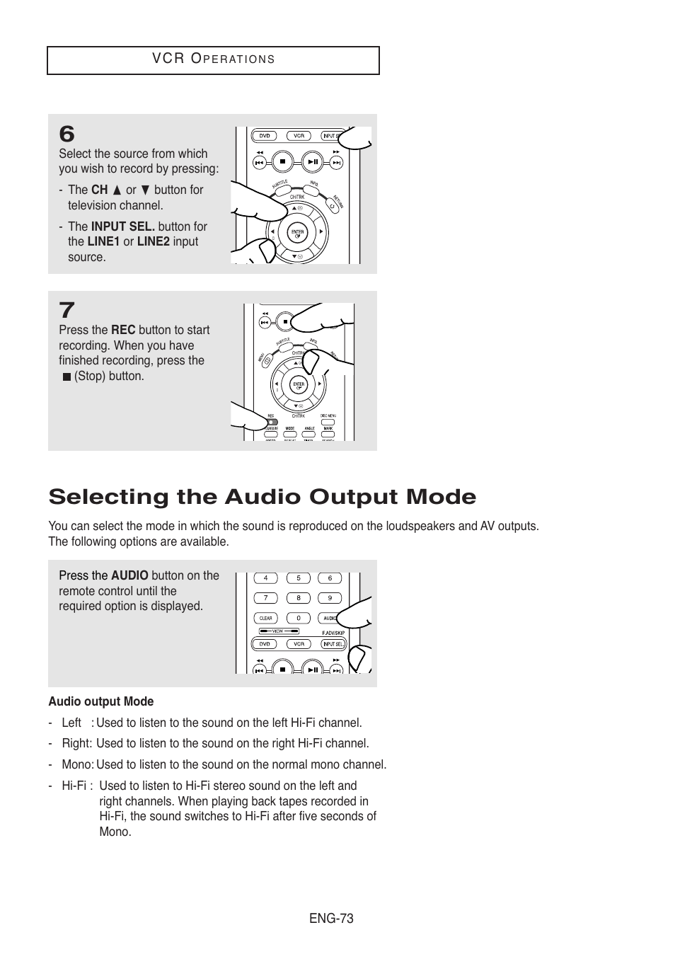 Selecting the audio output mode | Samsung DVD-V5500-XAA User Manual | Page 73 / 86