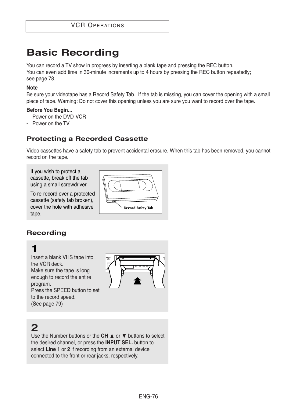 Basic recording, Protecting a recorded cassette, Recording | Samsung DVD-V5500-XAA User Manual | Page 76 / 86