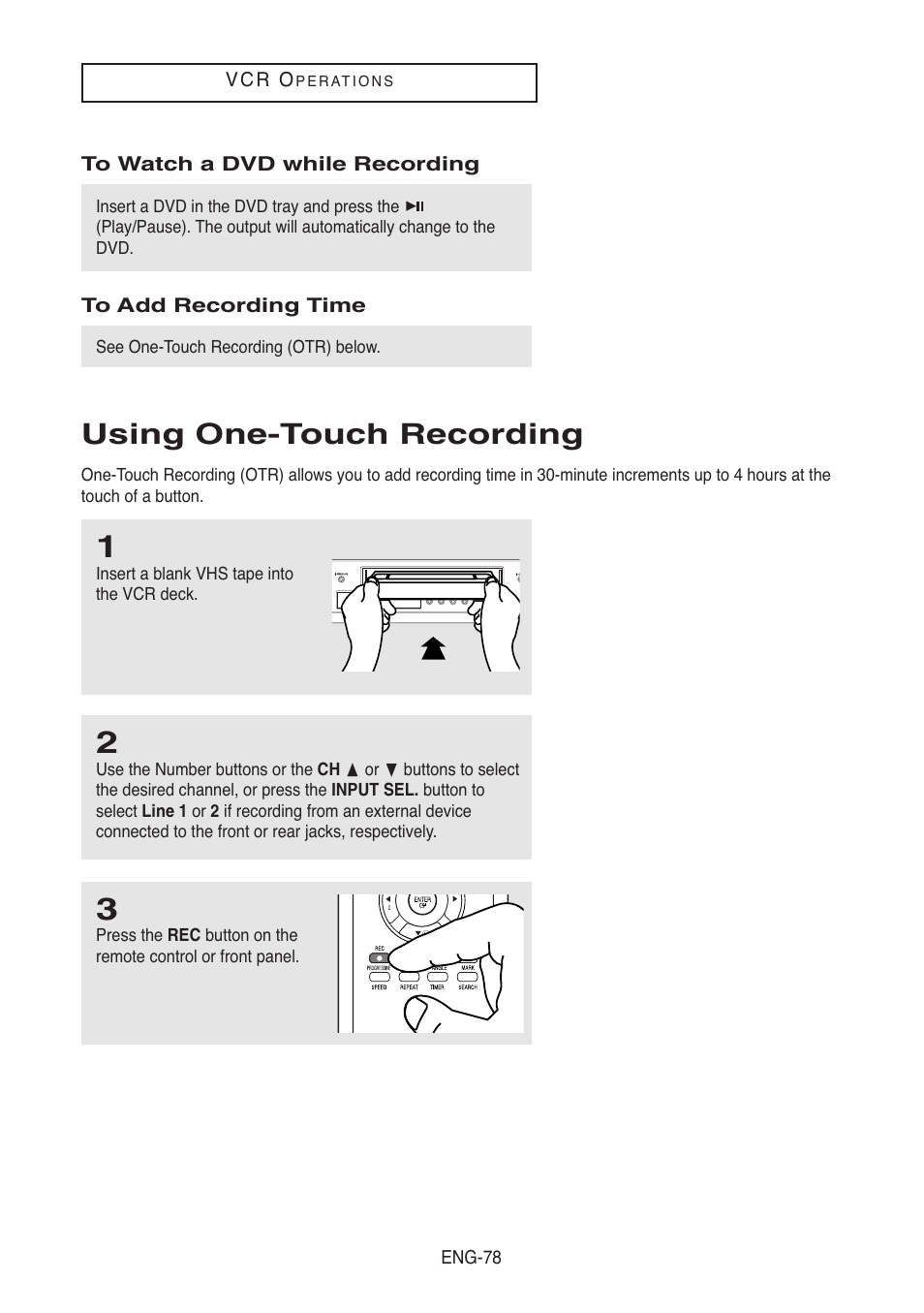 To watch a dvd while recording, To add recording time, Using one-touch recording | Samsung DVD-V5500-XAA User Manual | Page 78 / 86