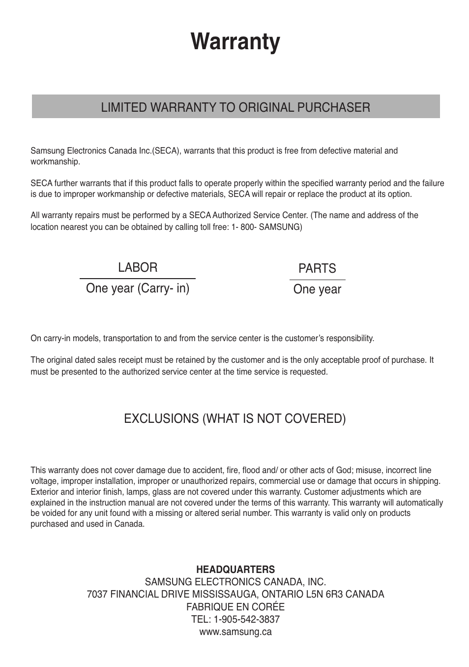 Warranty | Samsung DVD-V5500-XAA User Manual | Page 86 / 86