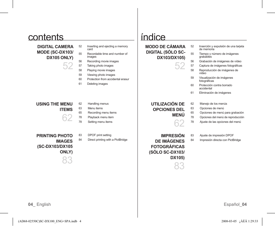 Contents índice | Samsung SC-DX103-XAA User Manual | Page 10 / 120