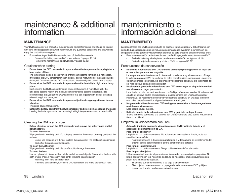 Mantenimiento e información adicional, Maintenance & additional information, Mantenimiento | 98 _ english español_ 98 maintenance | Samsung SC-DX103-XAA User Manual | Page 104 / 120