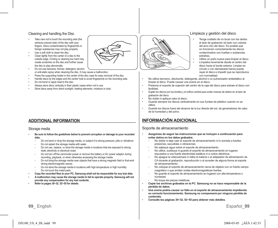 Información adicional, 99 _ english español_ 99, Additional information | Limpieza y gestión del disco, Soporte de almacenamiento, Cleaning and handling the disc, Storage media | Samsung SC-DX103-XAA User Manual | Page 105 / 120