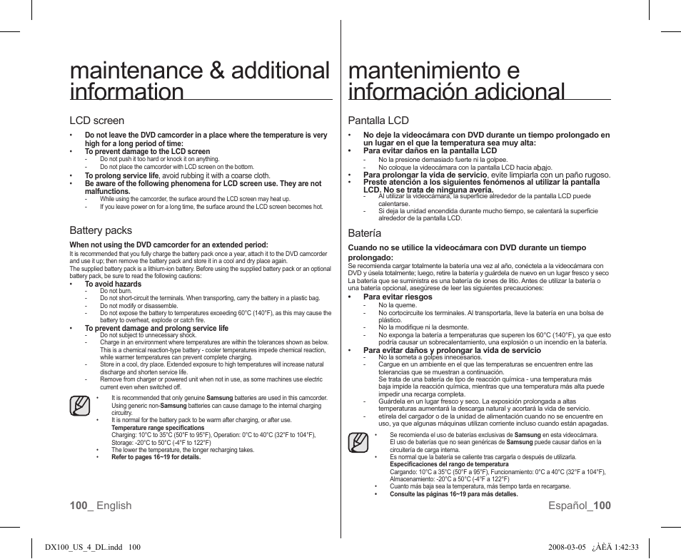 Pantalla lcd, Batería, Battery packs | Samsung SC-DX103-XAA User Manual | Page 106 / 120