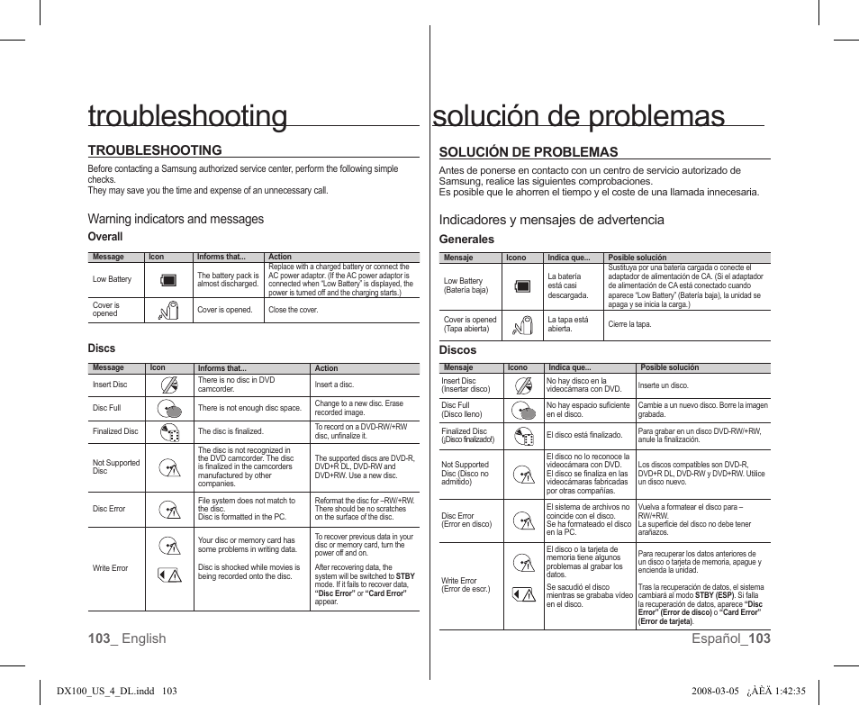 Solución de problemas, Troubleshooting, Indicadores y mensajes de advertencia | Warning indicators and messages | Samsung SC-DX103-XAA User Manual | Page 109 / 120