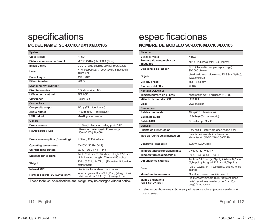 Especiﬁcaciones, Speciﬁcations | Samsung SC-DX103-XAA User Manual | Page 118 / 120