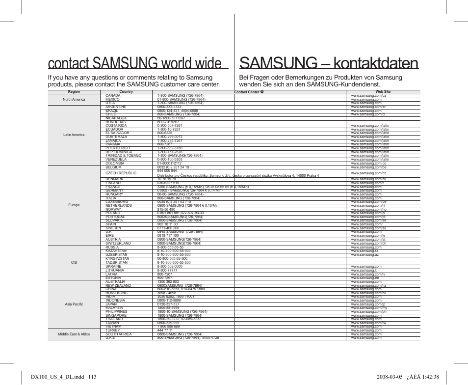 Samsung – kontaktdaten, Contact samsung world wide | Samsung SC-DX103-XAA User Manual | Page 119 / 120