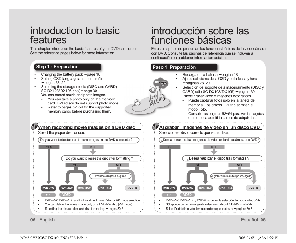 Introduction to basic features, Introducción sobre las funciones básicas | Samsung SC-DX103-XAA User Manual | Page 12 / 120