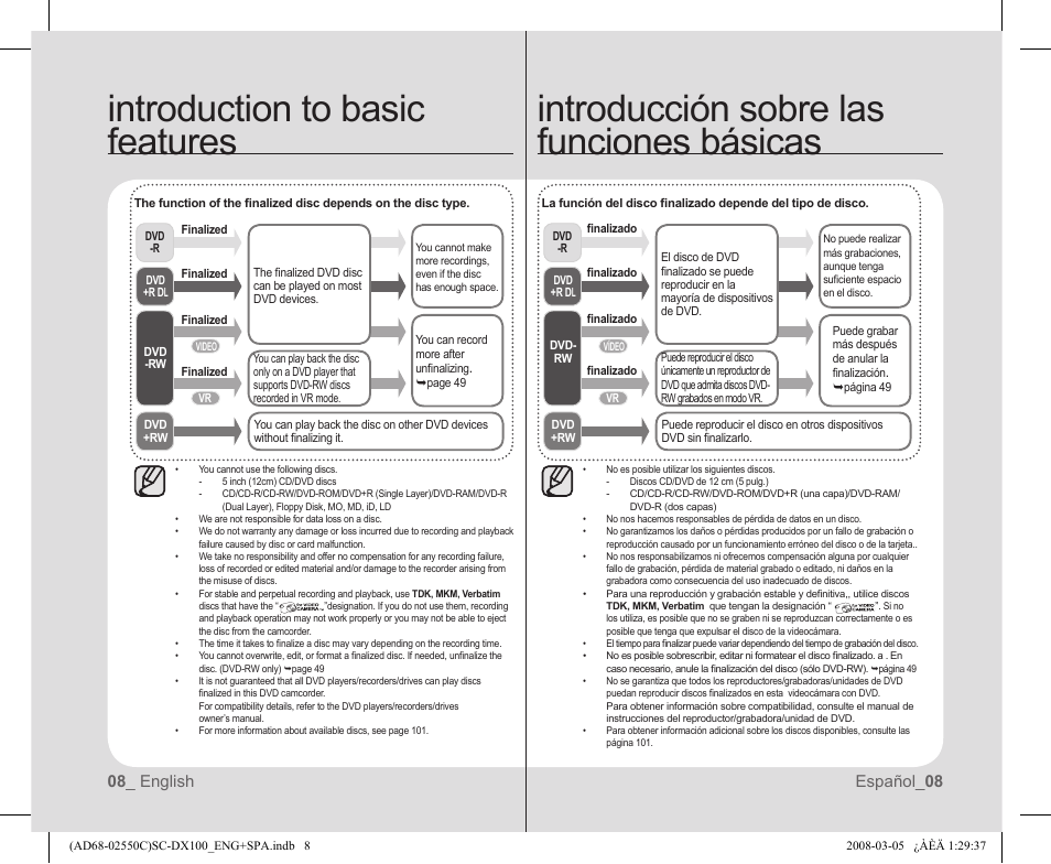 Introduction to basic features, Introducción sobre las funciones básicas, 08 _ english español_ 08 | Samsung SC-DX103-XAA User Manual | Page 14 / 120