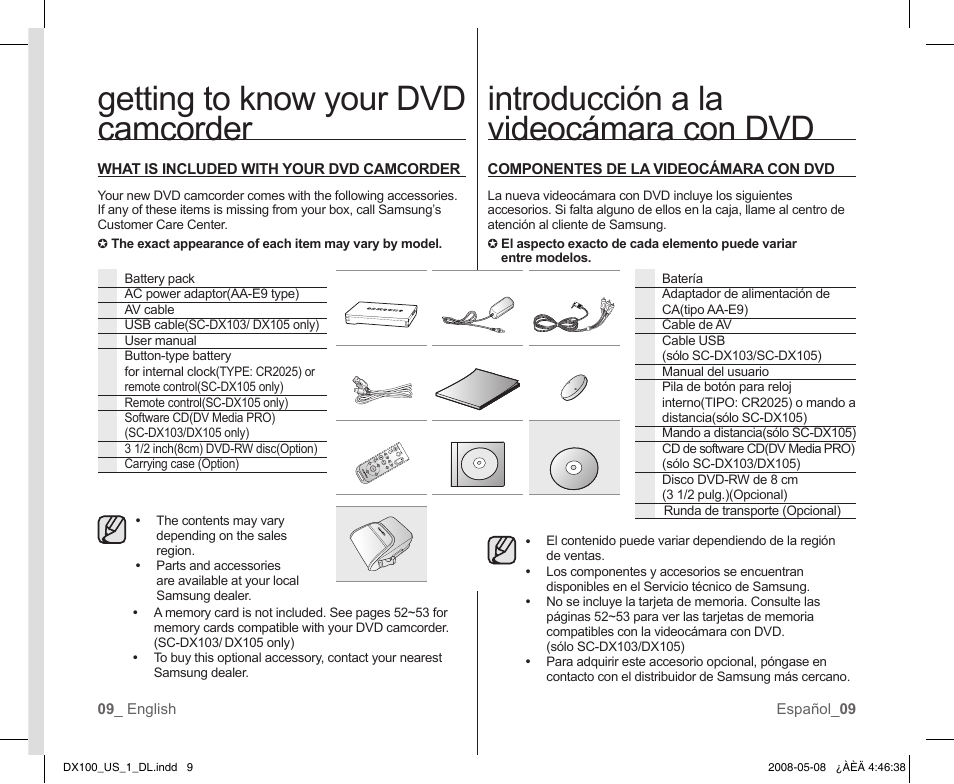 Getting to know your dvd camcorder, Introducción a la videocámara con dvd | Samsung SC-DX103-XAA User Manual | Page 15 / 120