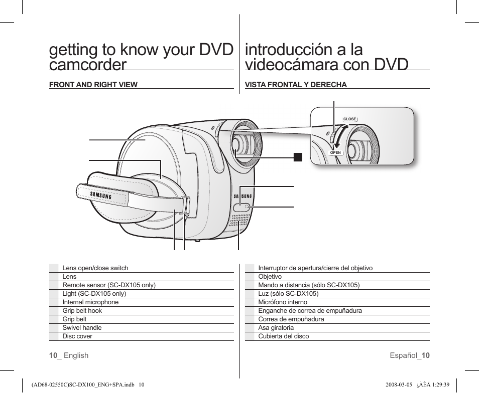 Getting to know your dvd camcorder, Introducción a la videocámara con dvd | Samsung SC-DX103-XAA User Manual | Page 16 / 120