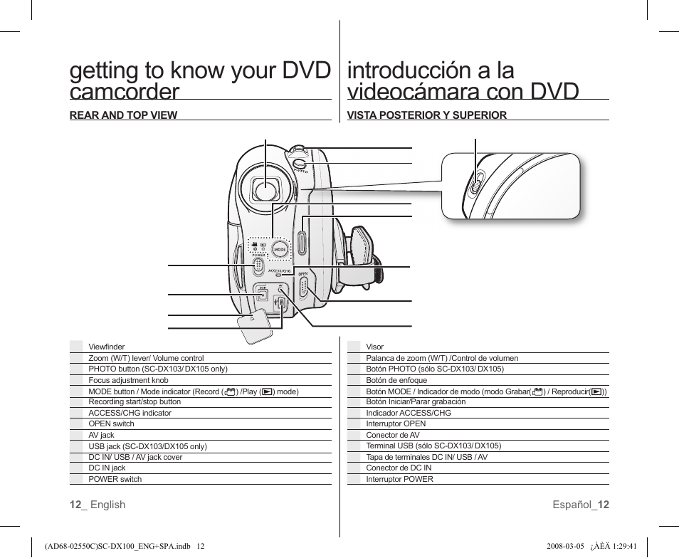 Getting to know your dvd camcorder, Introducción a la videocámara con dvd | Samsung SC-DX103-XAA User Manual | Page 18 / 120